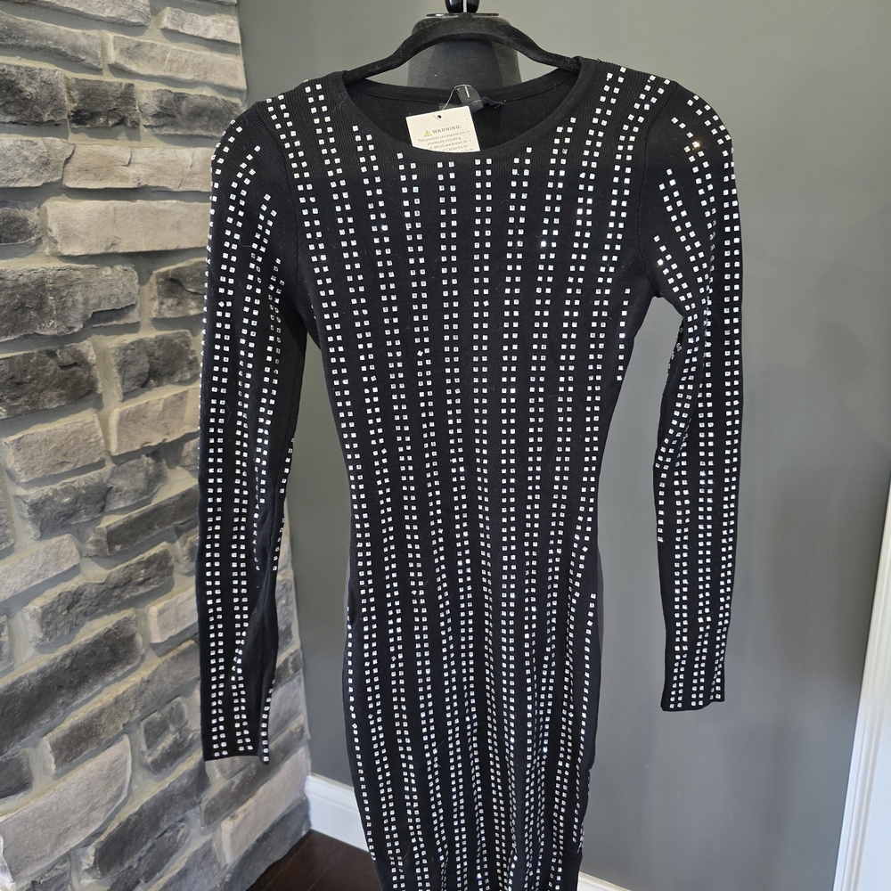 Black Studded Long-Sleeve Bodycon Dress
